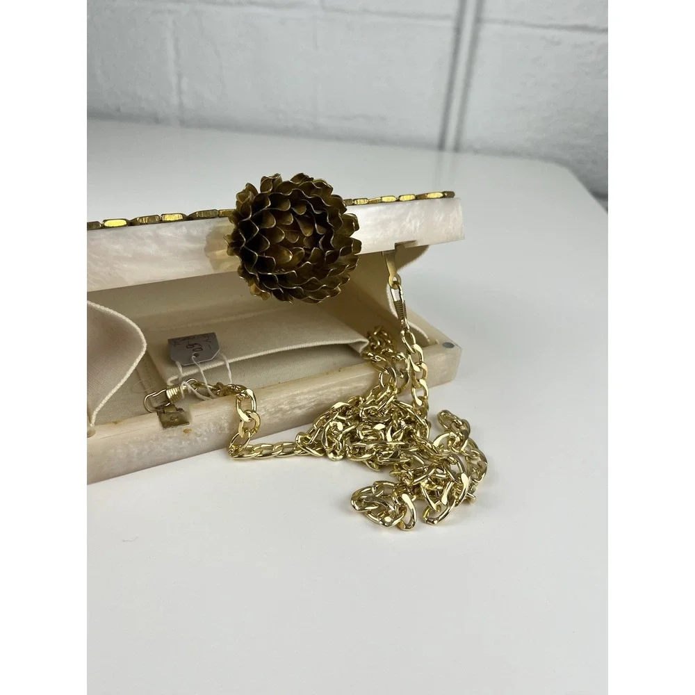 Kundan Mirror Rhinestone Clutch Resin Cream Marble Gold Tone Chain Boho Flower